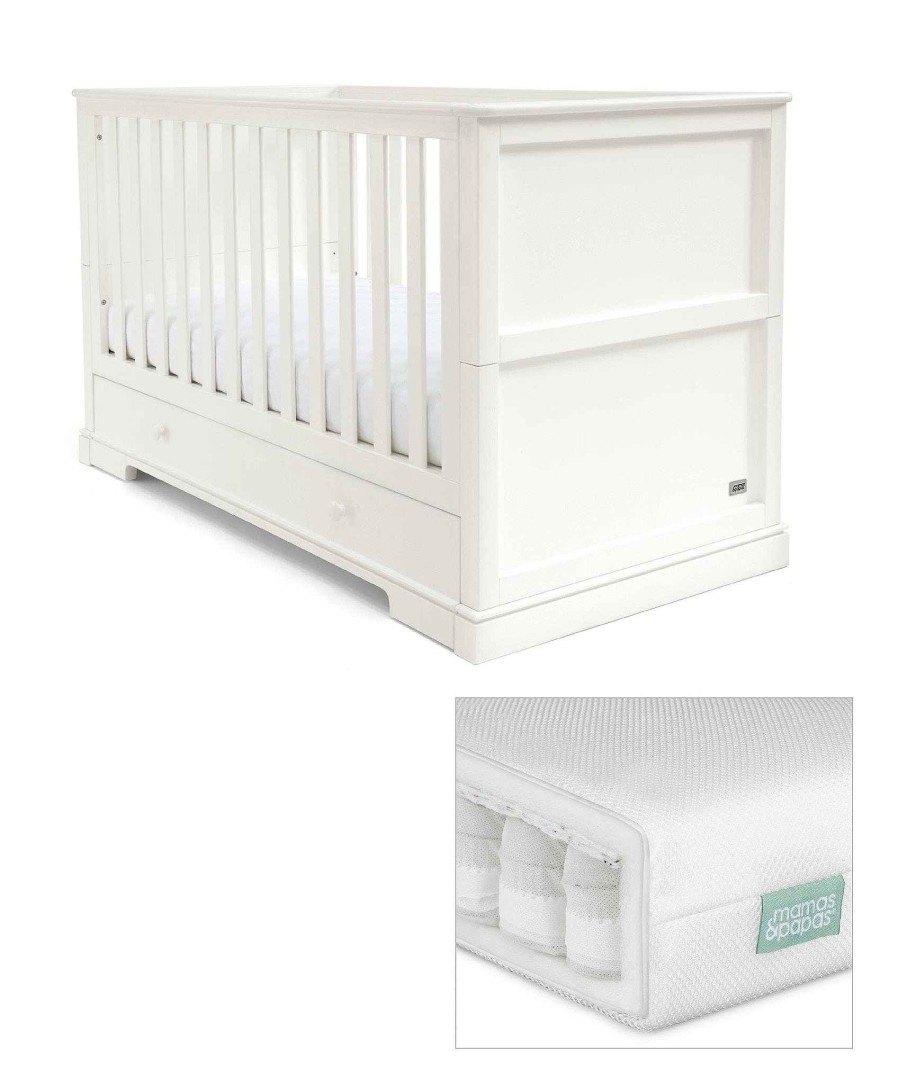 Furniture Mamas and Papas White Nursery Furniture | Oxford Cotbed With Premium Pocket Spring Mattress White