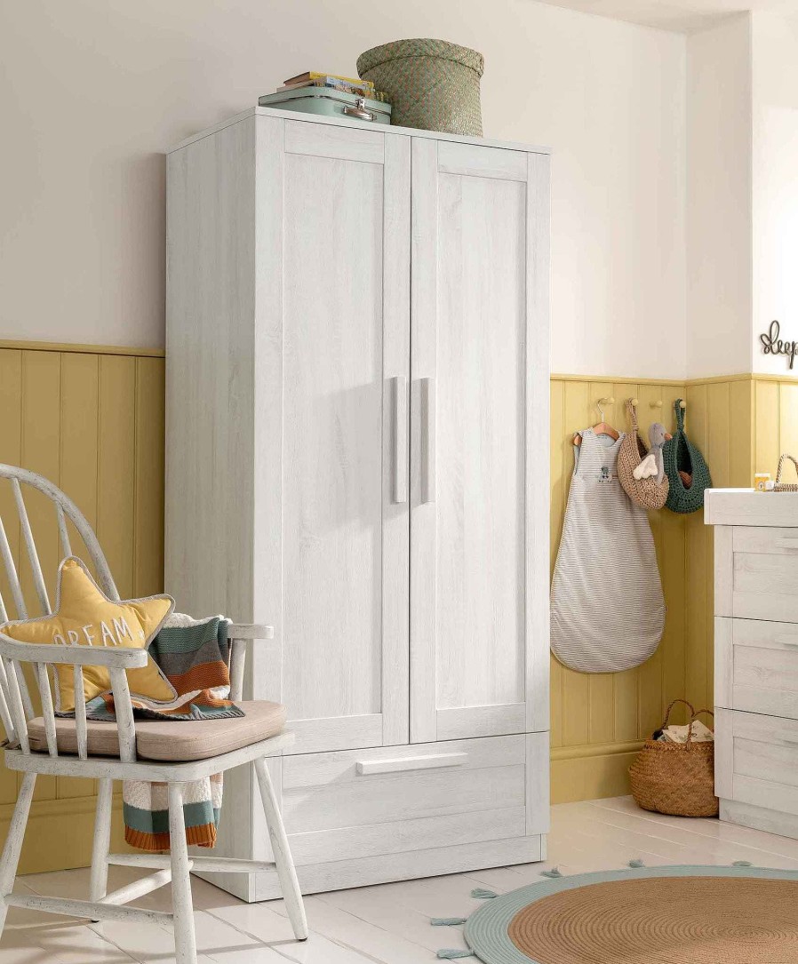 Furniture Mamas and Papas White Nursery Furniture | Atlas 2 Door Nursery Wardrobe With Storage Drawer - Nimbus White