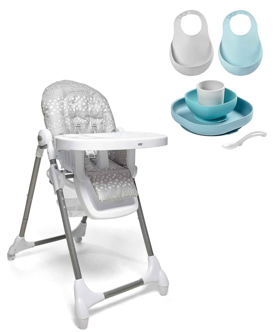 Feeding & Weaning Beaba Baby Highchairs | Snax Adjustable Grey Spot Highchair & Beaba Meal Set With Silicone Bibs Jungle/Blue