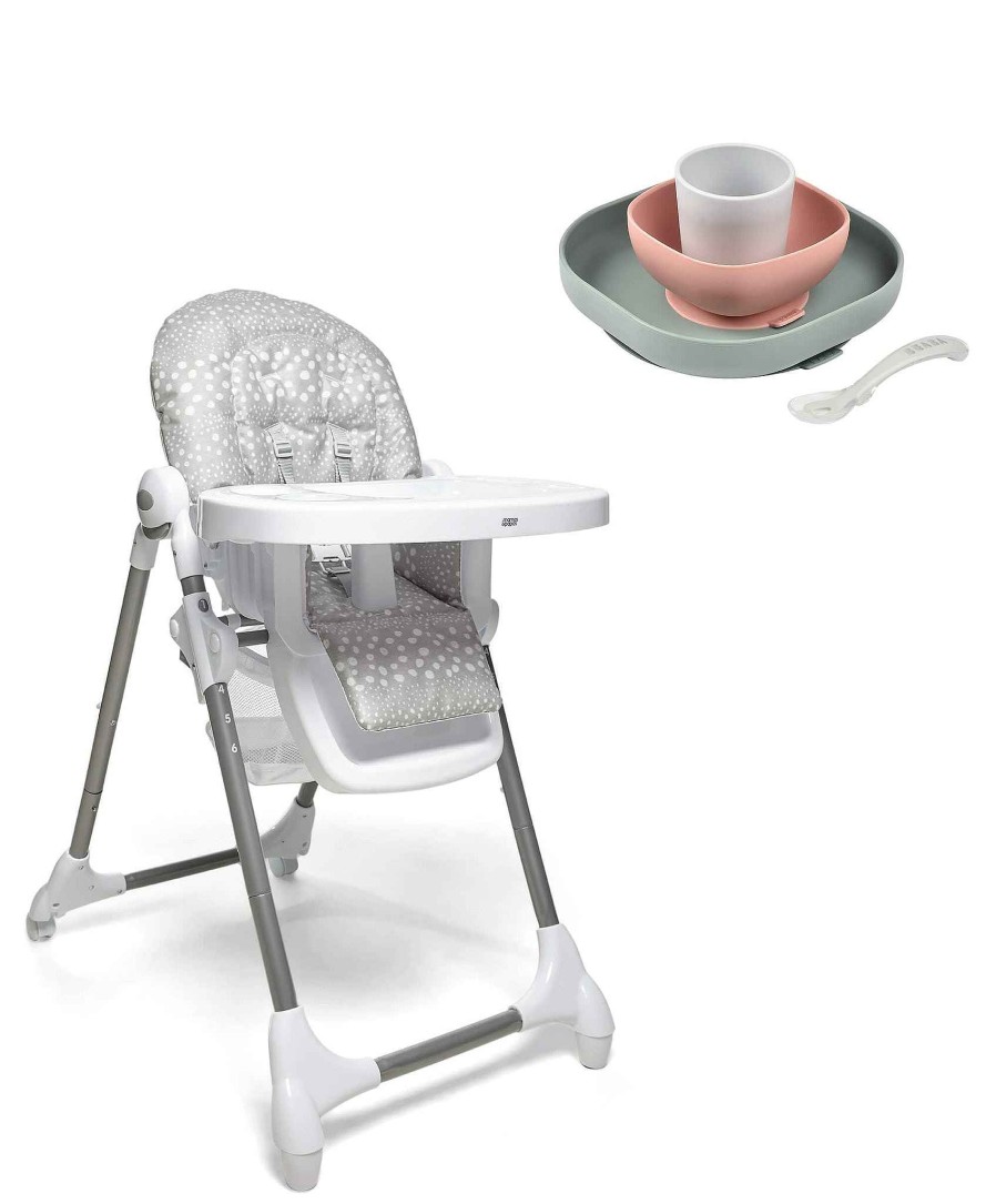 Feeding & Weaning Beaba Baby Highchairs | Snax Adjustable Grey Spot Highchair & Beaba Meal Set Pink/Eucalyptus